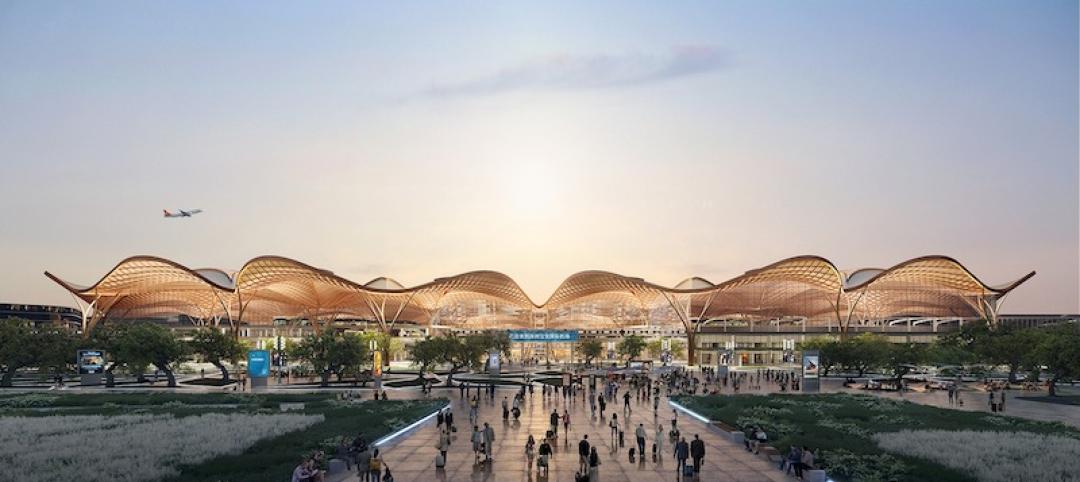 Shenzhen Airport East Integrated Transport Hub exterior at sunset