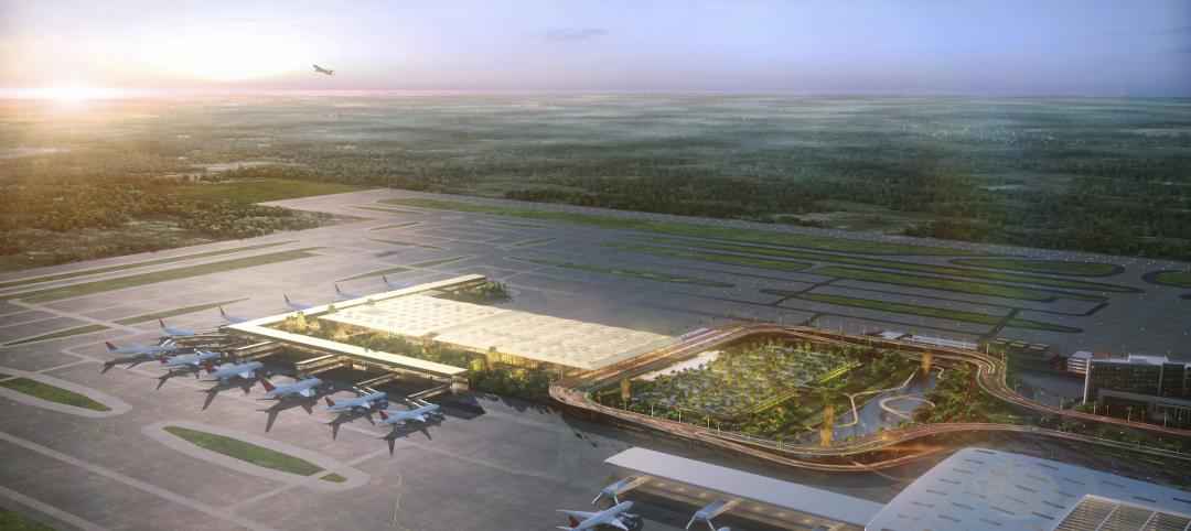 Terminal 2 of India’s Kempegowda International Airport is built around extensive indoor-outdoor landscaping. Rendering: Atchain|SOM