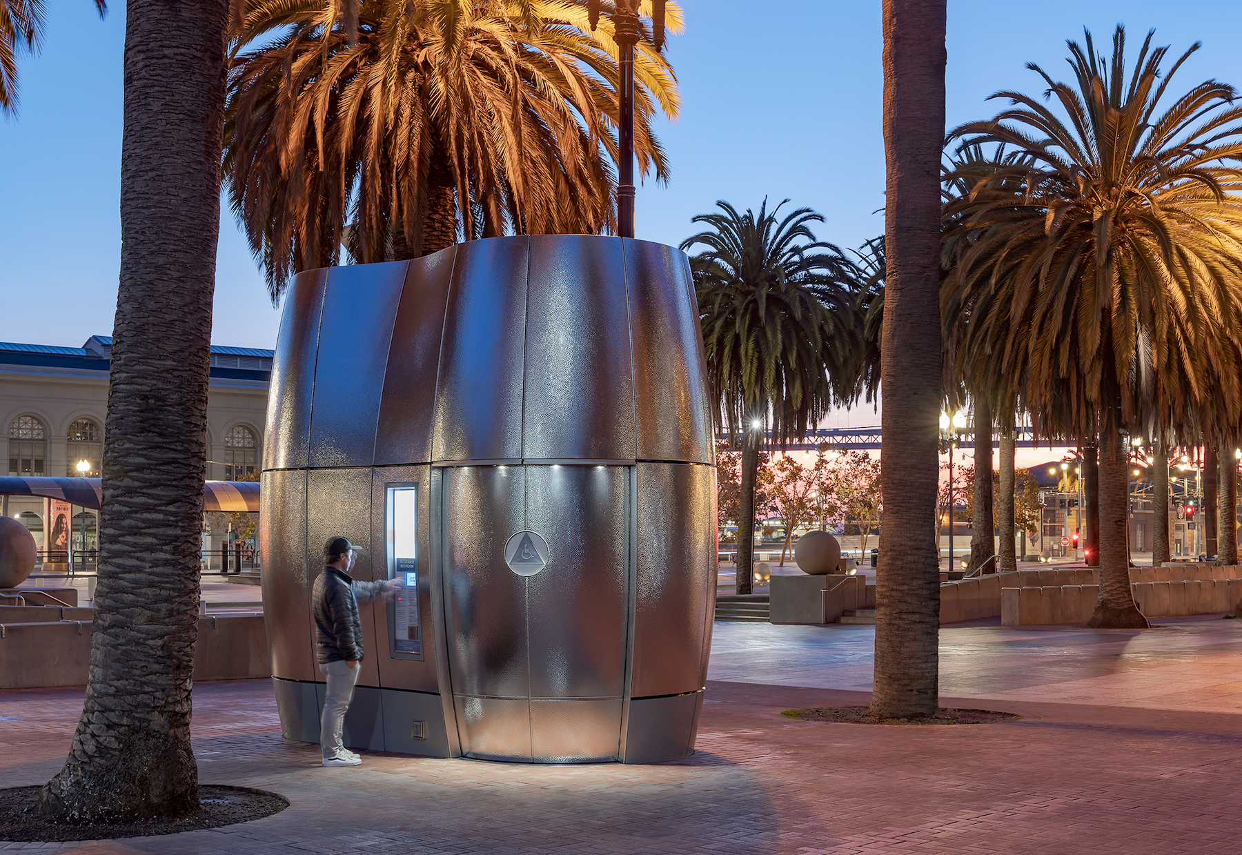 A stainless steel pod houses a public restroom that's being tested in San Francisco.