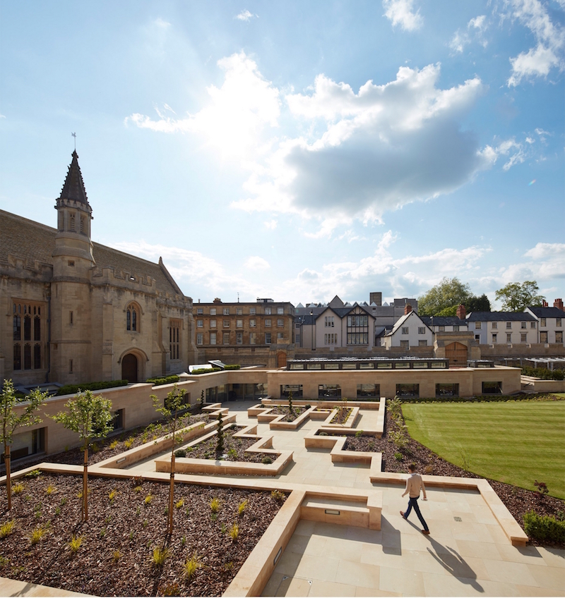 View of Magdalen College Quad, showing the Main Library and new extension, as well as the new landscaping plan
