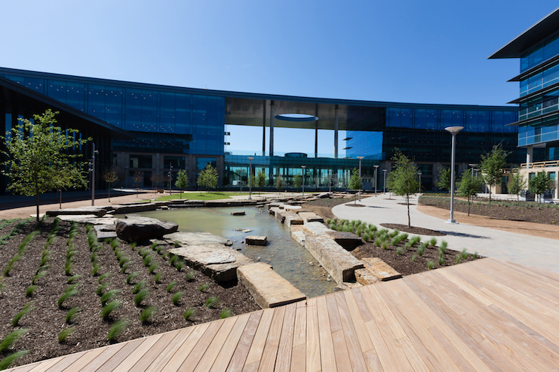 The exterior and some of the surrounding landscaping of the Toyota Motor North American HQ
