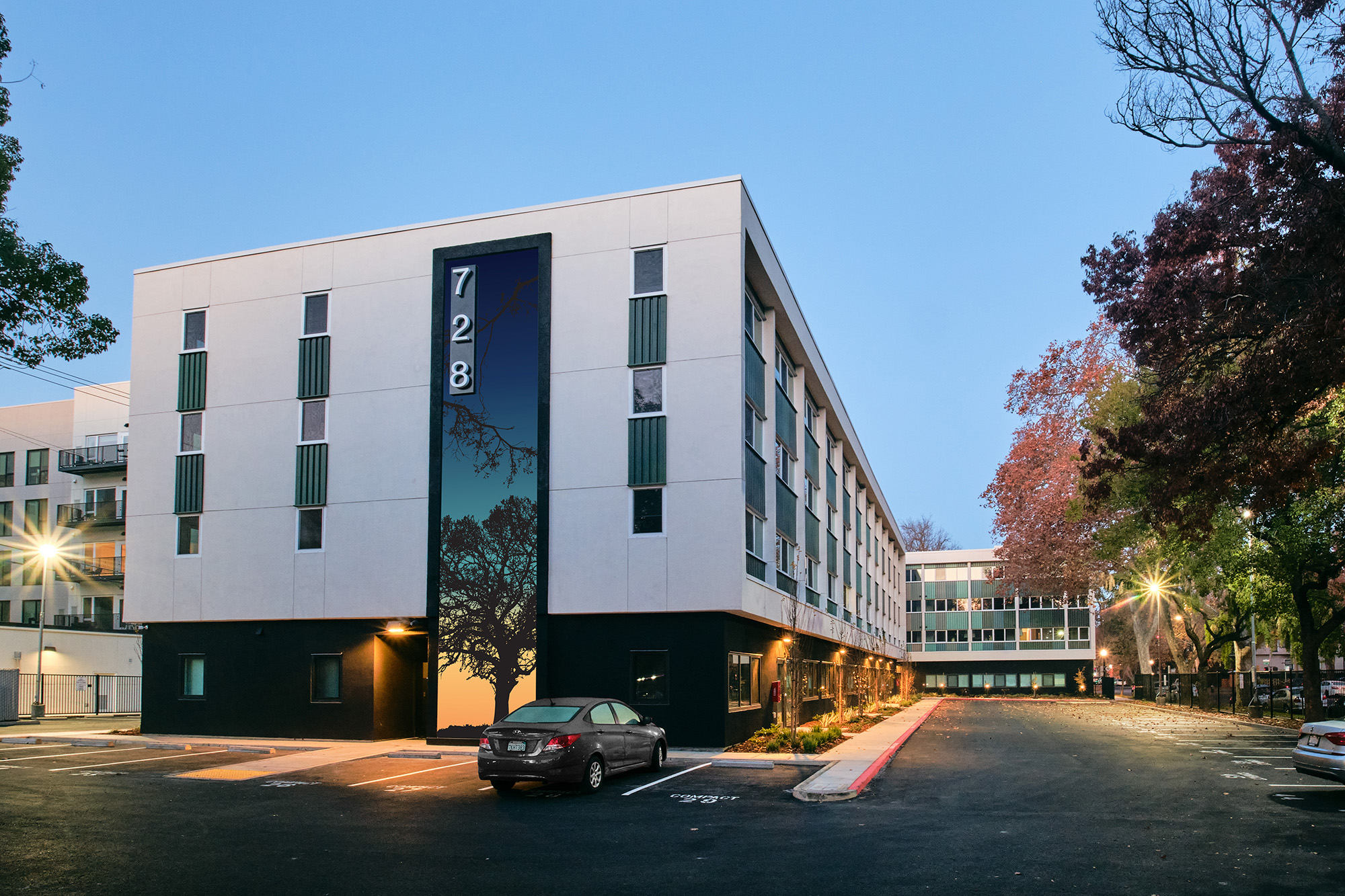 Adaptive reuse renovation of a former Holiday Inn exterior view