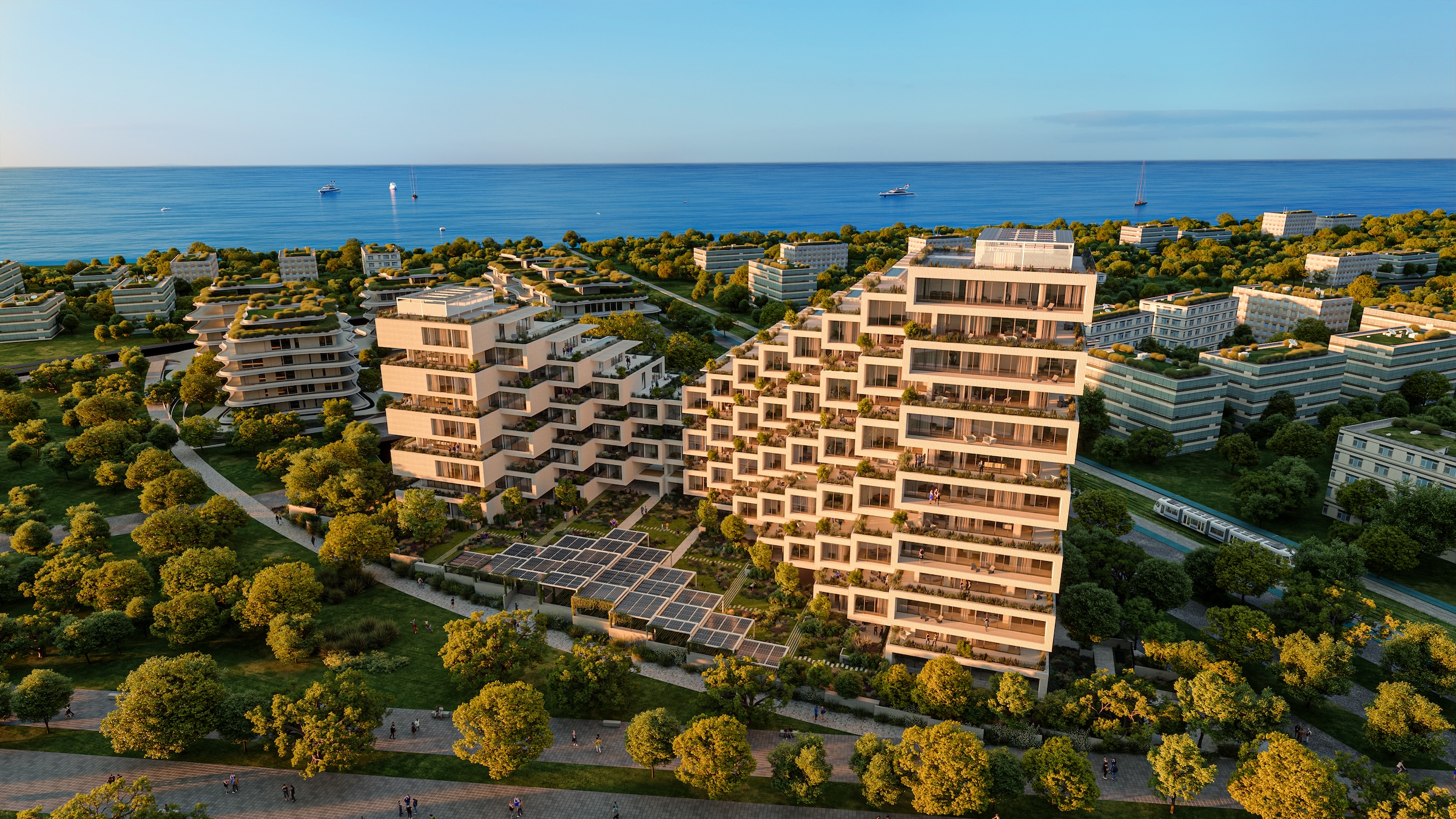 Bjarke Ingels' curved, 50-meter high-rise will anchor a massive urban regeneration project in Greece Rendering courtesy Bjarke Ingels Group (BIG)