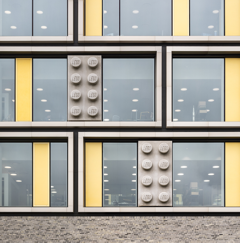 Large LEGO bricks incorporated into the building's facade