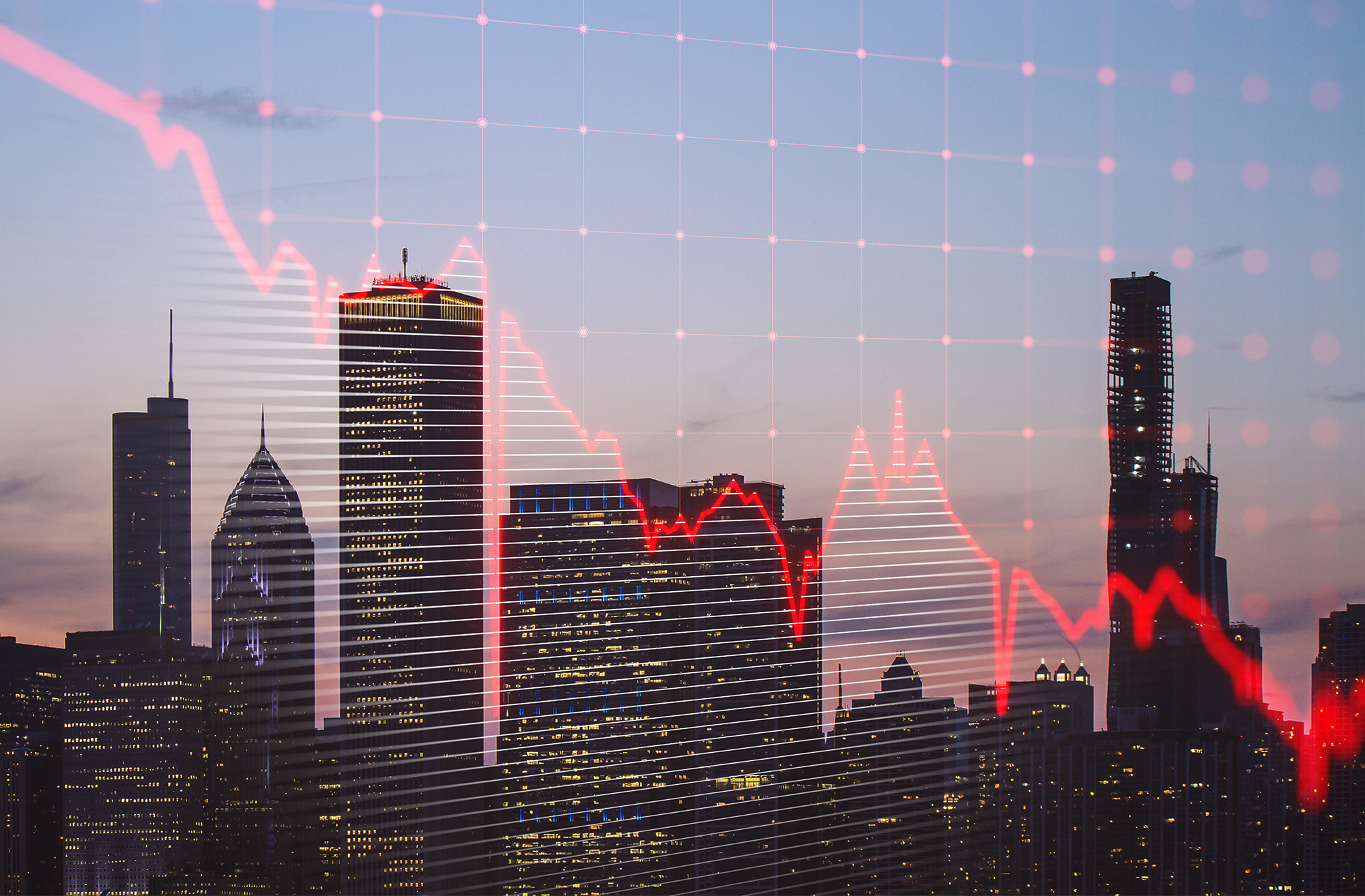 Real estate market crisis concept with red falling graph and city on background, double exposure