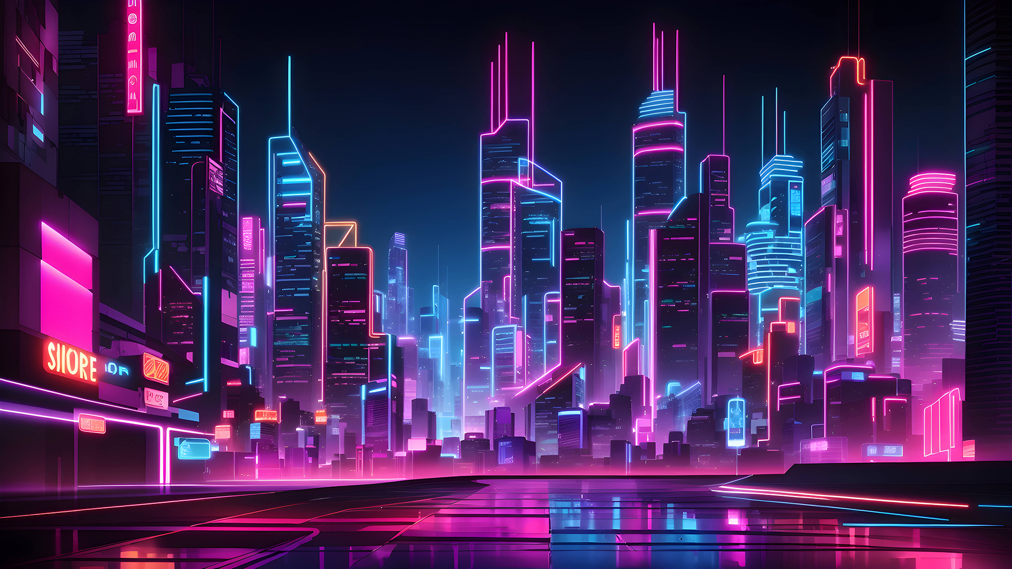 Blue Night city lights. Neon urban future. Rainy Futuristic city in a cyberpunk style. Photorealistic Generative AI illustration. Futuristic skyscrapers with neon lights