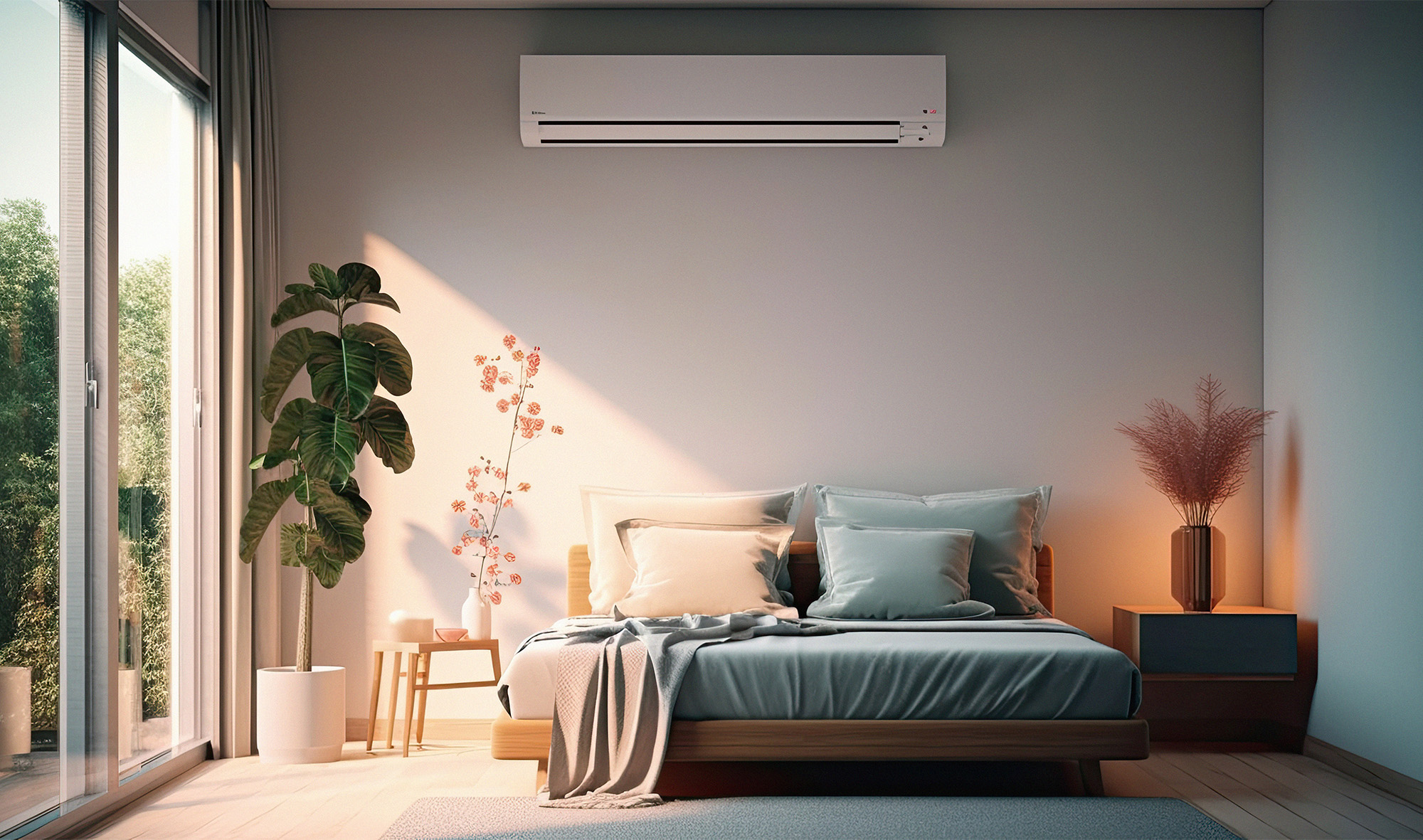 Air conditioner in Stylish interior of bedroom. Generative Ai