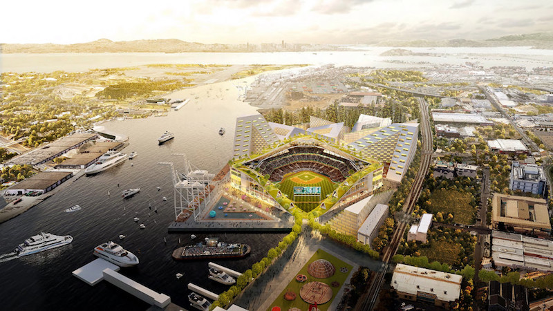 Aerial rendering of Oakland A's new stadium, designed by BIG
