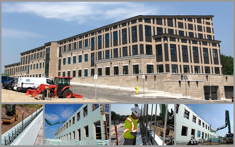 Howland Green Business Center – Finished photo with alternative photos showing the construction process featuring the Nudura XR35.