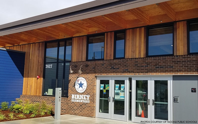 Birney Elementary uses exposed glulam and laminated veneer lumber throughout the school