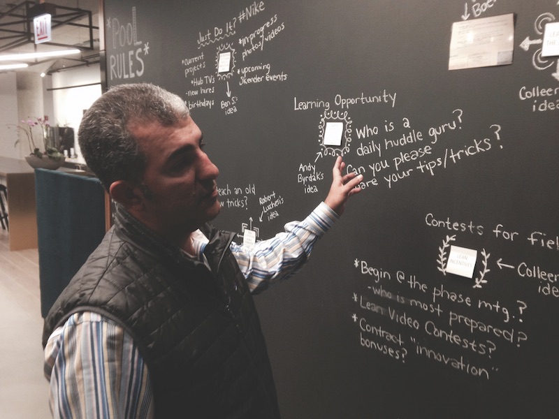 Afshan Barshan at the LEAN COFFEE board at Skender Construction’s “Hub,”