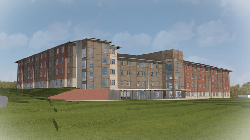 A rendering of the front of the new Blinn College residence hall