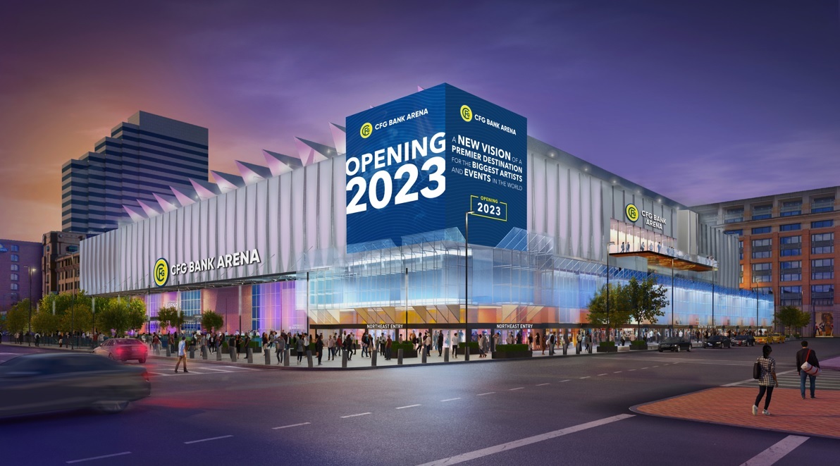 A rendering of CFG Bank Arena in Baltimore, whose $200 million renovation lowered its carbon footprint.