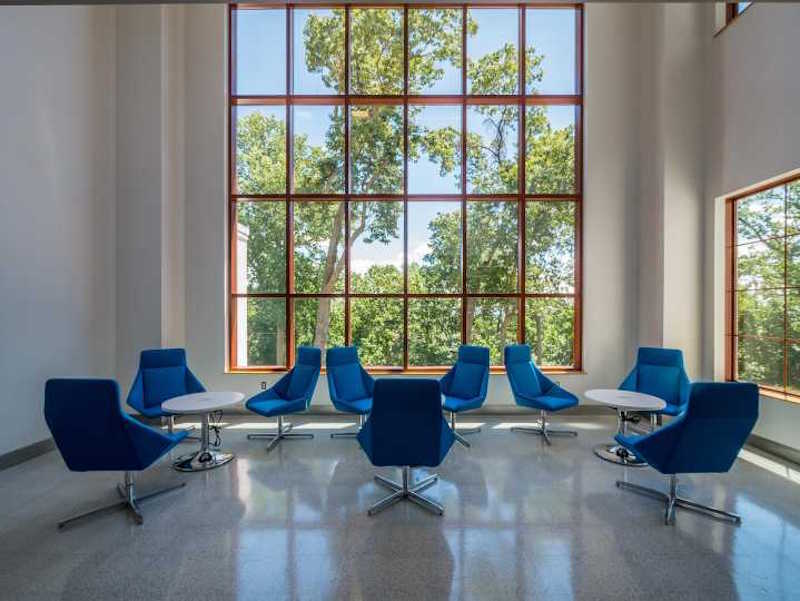 A lounge/collaboration space in the new Montclair State University Communication and Media building