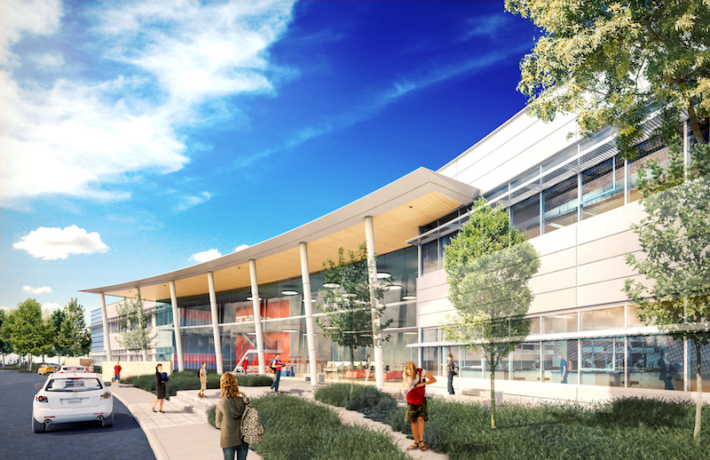 A rendering of the entrance at Design Tech High School, designed by DES Architects + Engineers