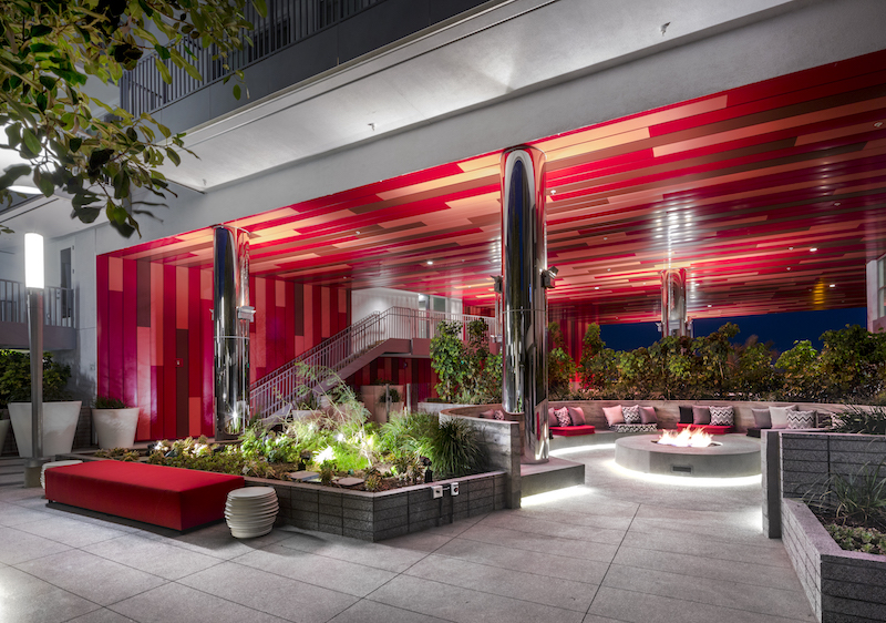 The entry to Domain West Hollywood, clad in red panels