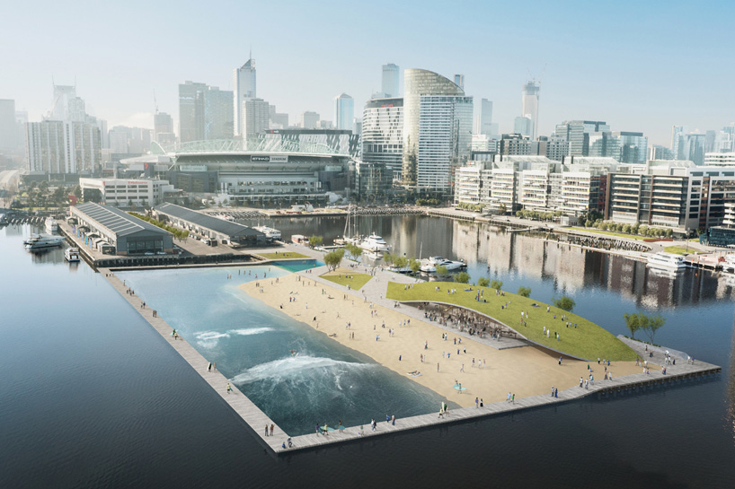 The Floating Surf Park proposed for Melbournes Victoria Harbour. Rendering cour