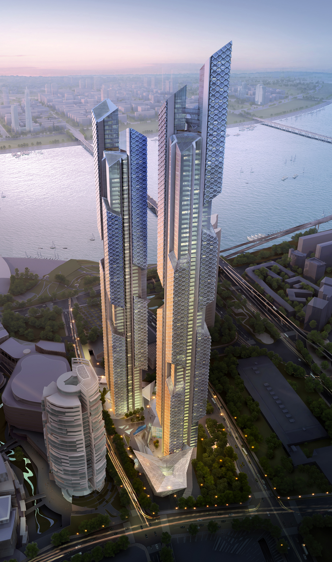 Towers 1 and 2about 450 meters and 390 meters tall, respectivelyshare an archi