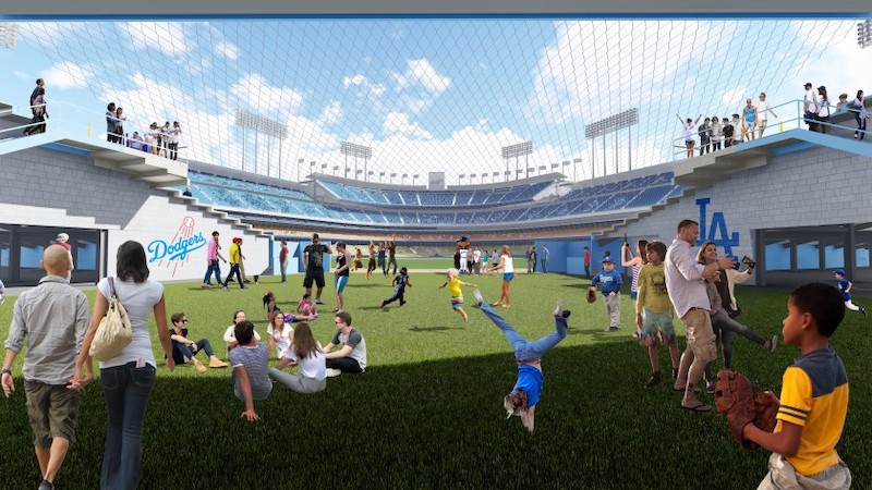 Open field play area beyond centerfield pavilion