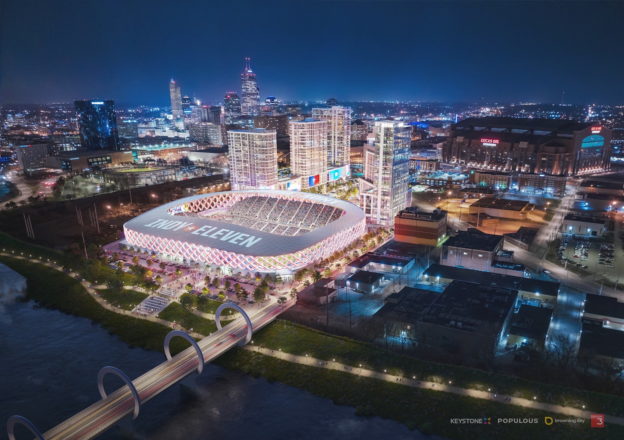 Eleven Park soccer stadium Indianapolis, Indy Eleven, Keystone Group, Populous - River View