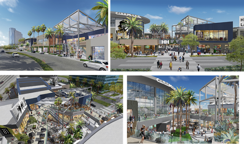 A collage of four renderings showing the new Howard Hughes Center from Laurus Corporation and the Jerde Partnership