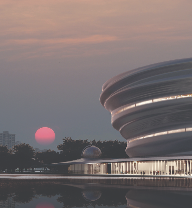 Hainan Museum of Science and Technology exterior at dusk