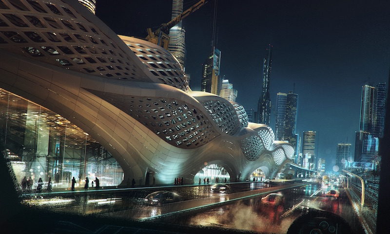 The futuristic undulating facade of the KAFD metro station