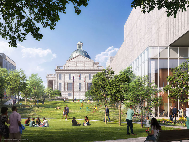 A rendering of Hancock Square Park in front of the existing courthouse