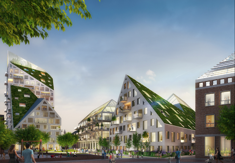 Rendering of the sloped roofs and 45-degree angled buildings at Nieuw Bergen from MVRDV