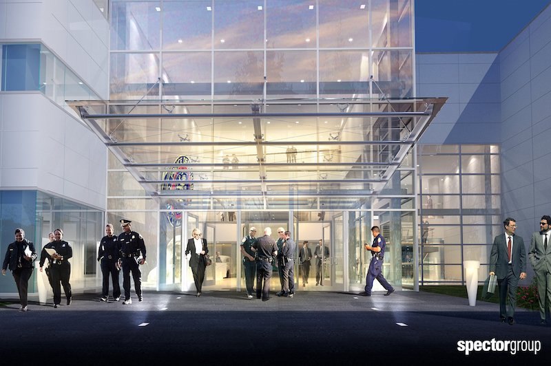 A rendering of one of the entryways at Spector Groups Nassau County Center for Training and Intelligence