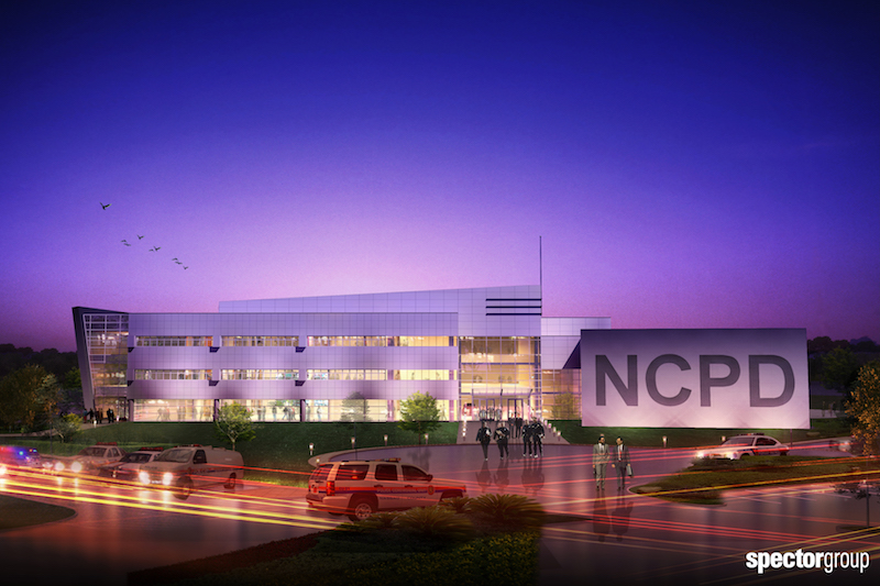 A rendering of the exterior of the new Nassau County Center for Training and Intelligence at dusk
