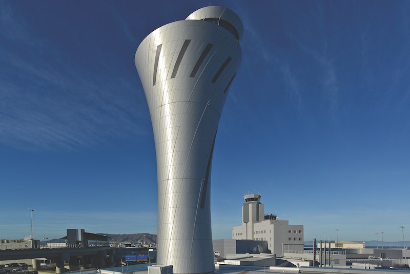 The 221-foot air traffic control tower at San Francisco International Airport