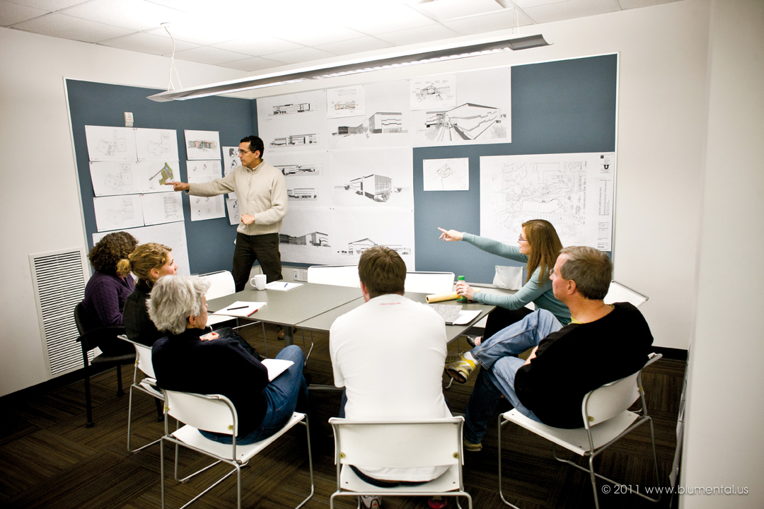 A project undergoes design review at MHTN Architects, a 65-member firm based in 