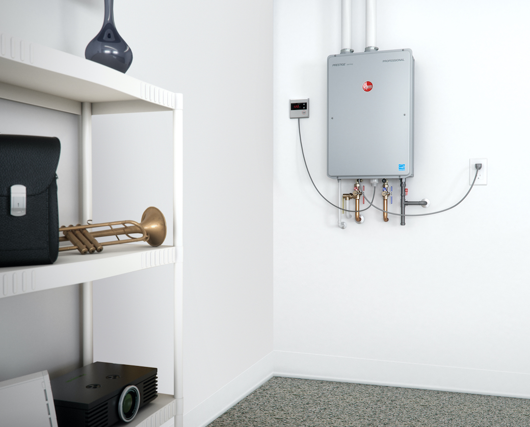 Rheem tankless water heater installed in individual unit
