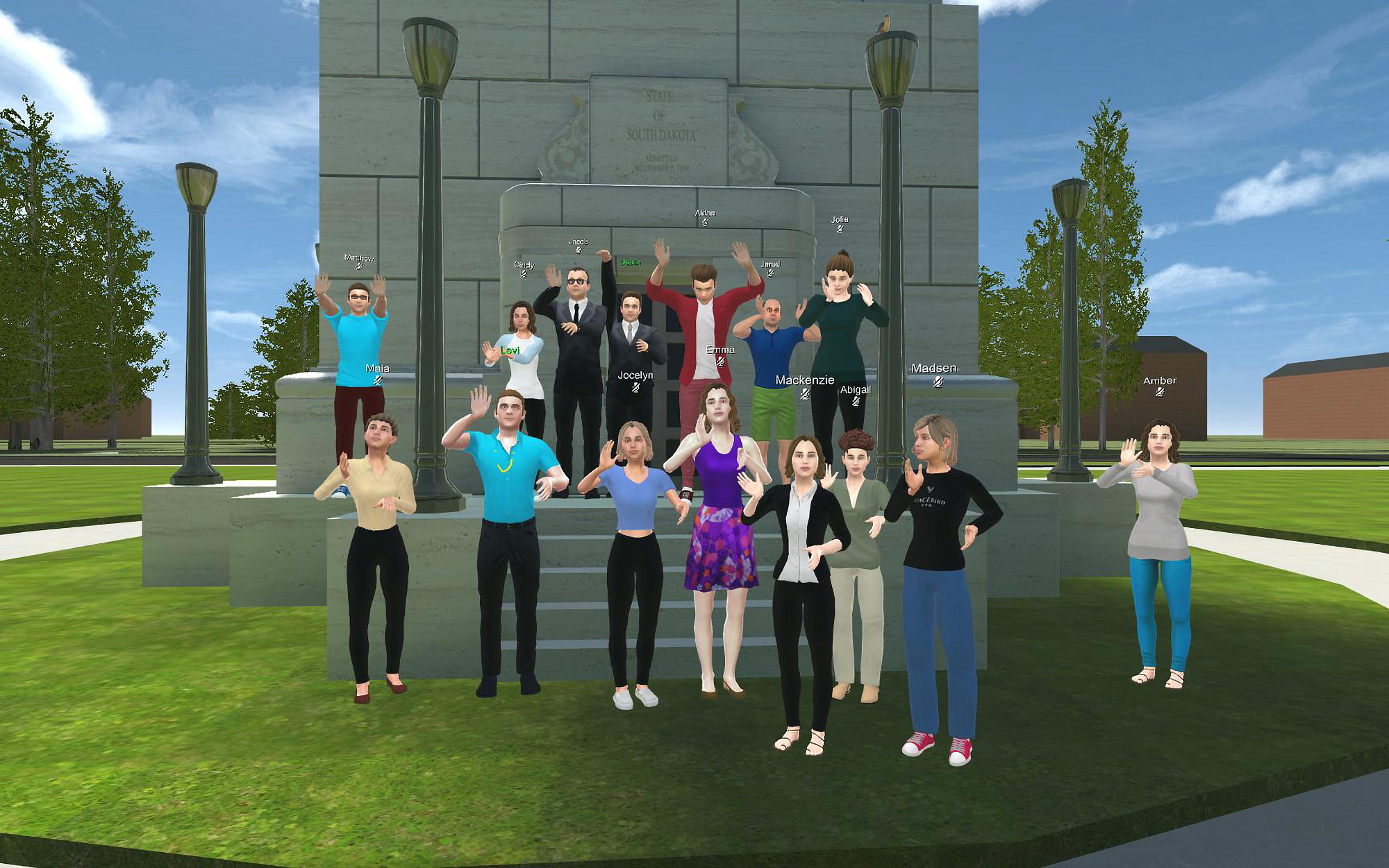 Virtual student avatars in the Metaversity, a virtual learning platform.