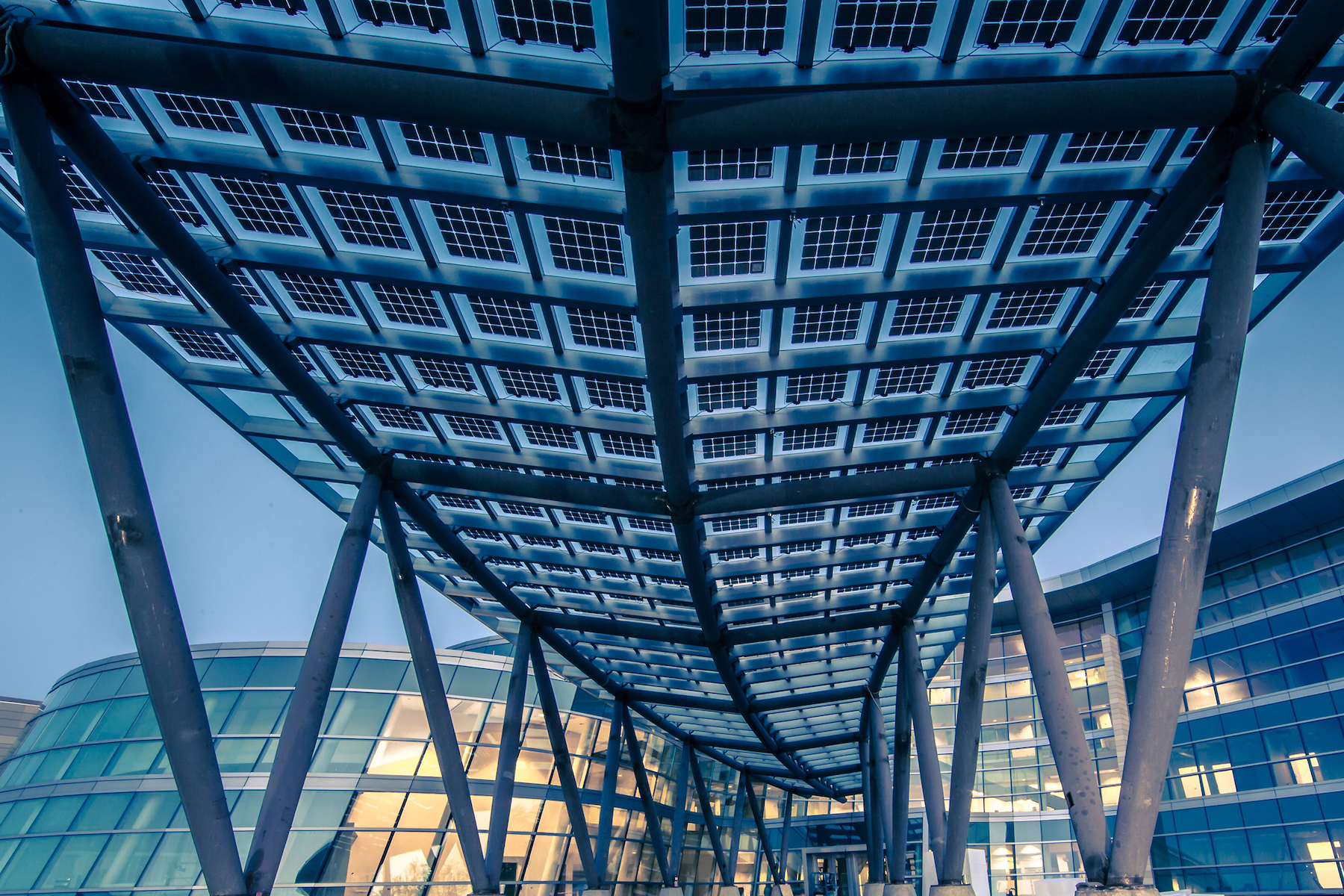 BIPV glass modules can be used with virtually any glass substrate or low-e coating to achieve desired aesthetics. Photo courtesy of Vitro Architectural Glass