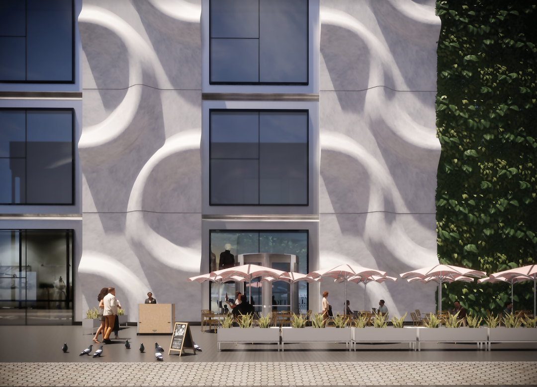 Sto's collaboration with Branch Technology creates 3D-printed wall panels like this retail facade. Images courtesy Sto Corp.