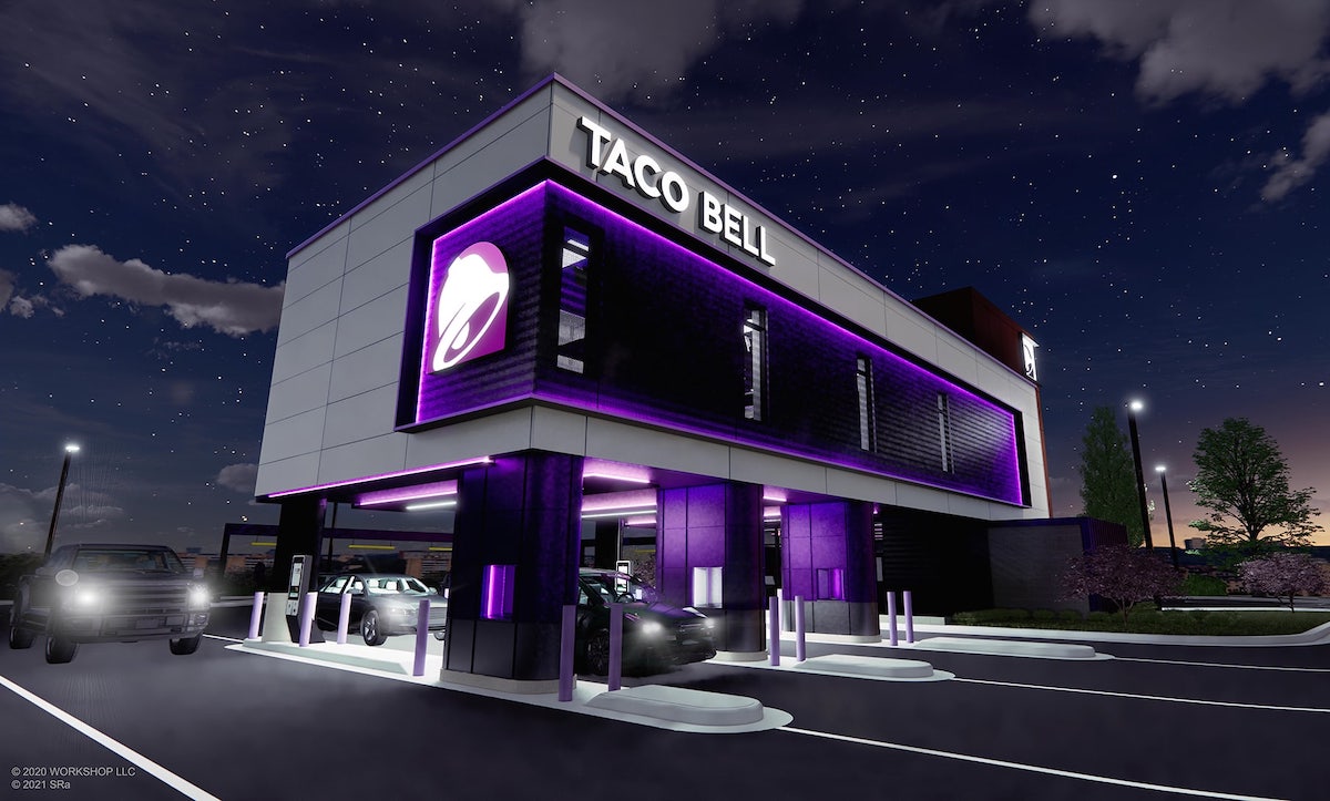 The Taco Bell Defy restaurant concept at night