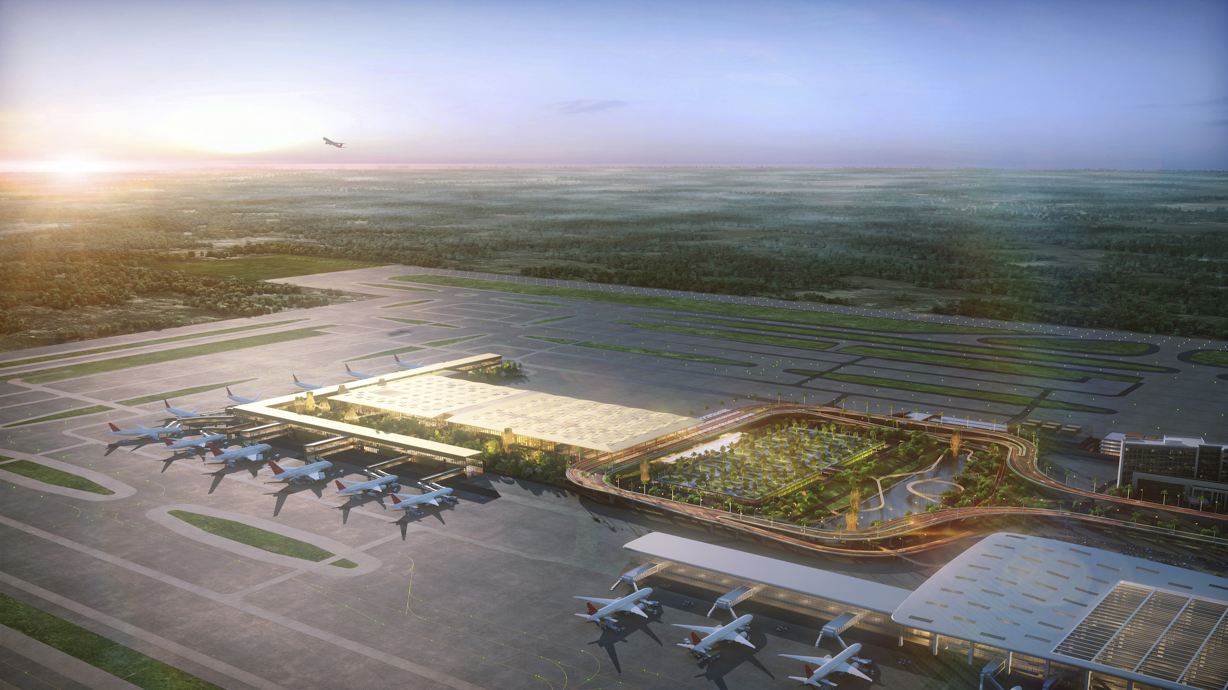 Terminal 2 of India’s Kempegowda International Airport is built around extensive indoor-outdoor landscaping. Rendering: Atchain|SOM