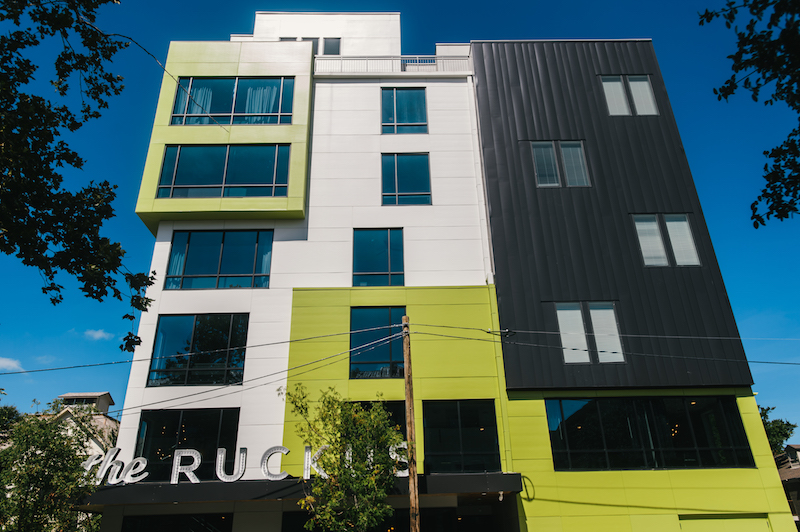 The exterior of The Ruckus Lofts on the University of Texas campus