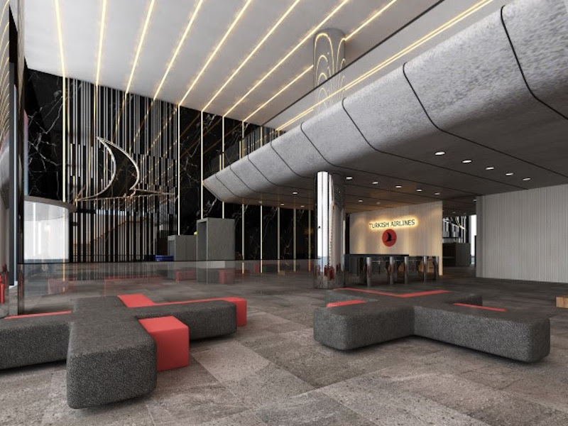 A rendering of an interior lounge space in Turkish Airlines' Flight Training Center from TAGO