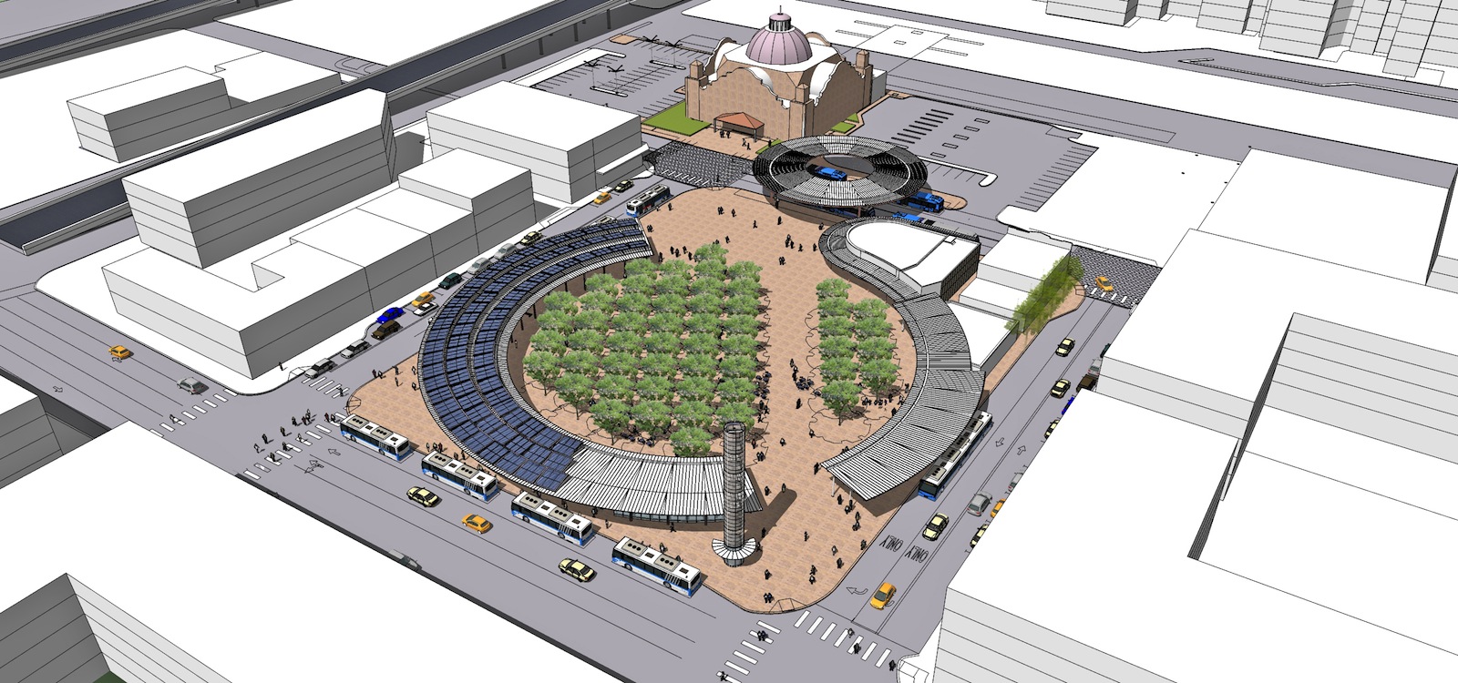 The design vision for Westside Multimodal Transit Center balances mass transit w