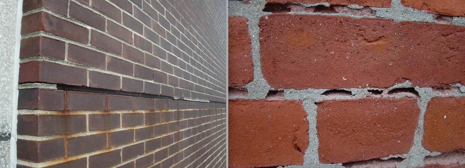Common brick masonry problems include steel shelf angles and mortar joint failure. 