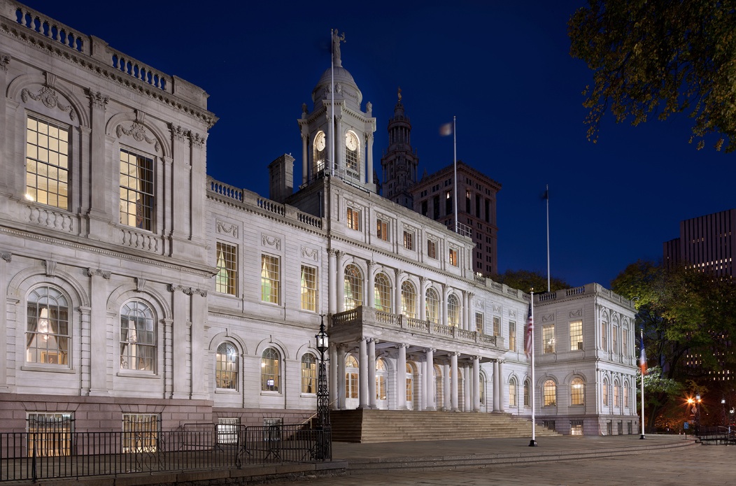 View of the restored south elevation of New York City Hall. The renovation is th