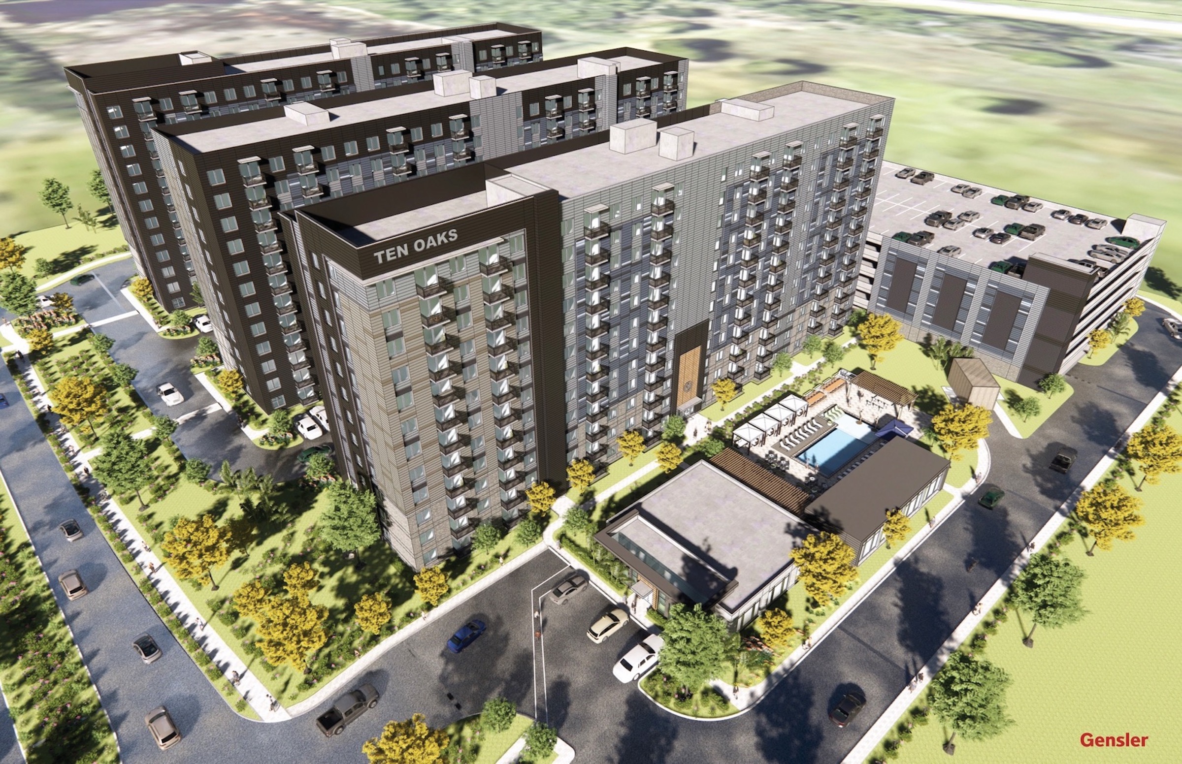 Ten Oaks, a 12-story multifamily development near Houston designed by Gensler,