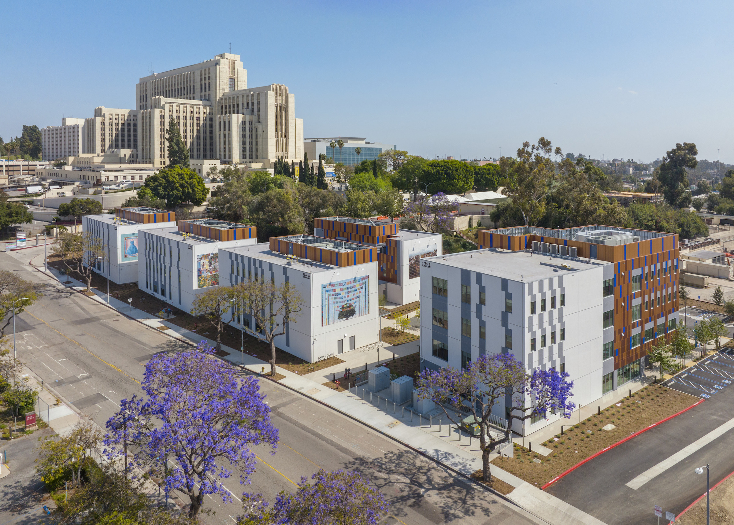 The 69,000-sf Los Angeles County + USC Restorative Care Village consists of a four-story recuperative care center that provides stable housing for those recently discharged from hospitals,