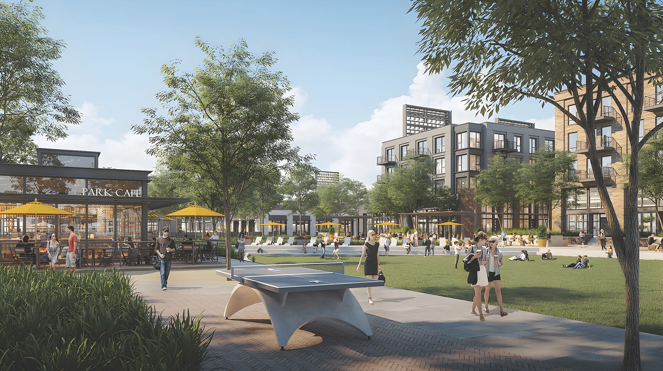The first phase of Downtown Daybreak will include retail, food and beverage spaces, offices, apartments and outdoor parks and recreation.  Rendering: MVE + partners