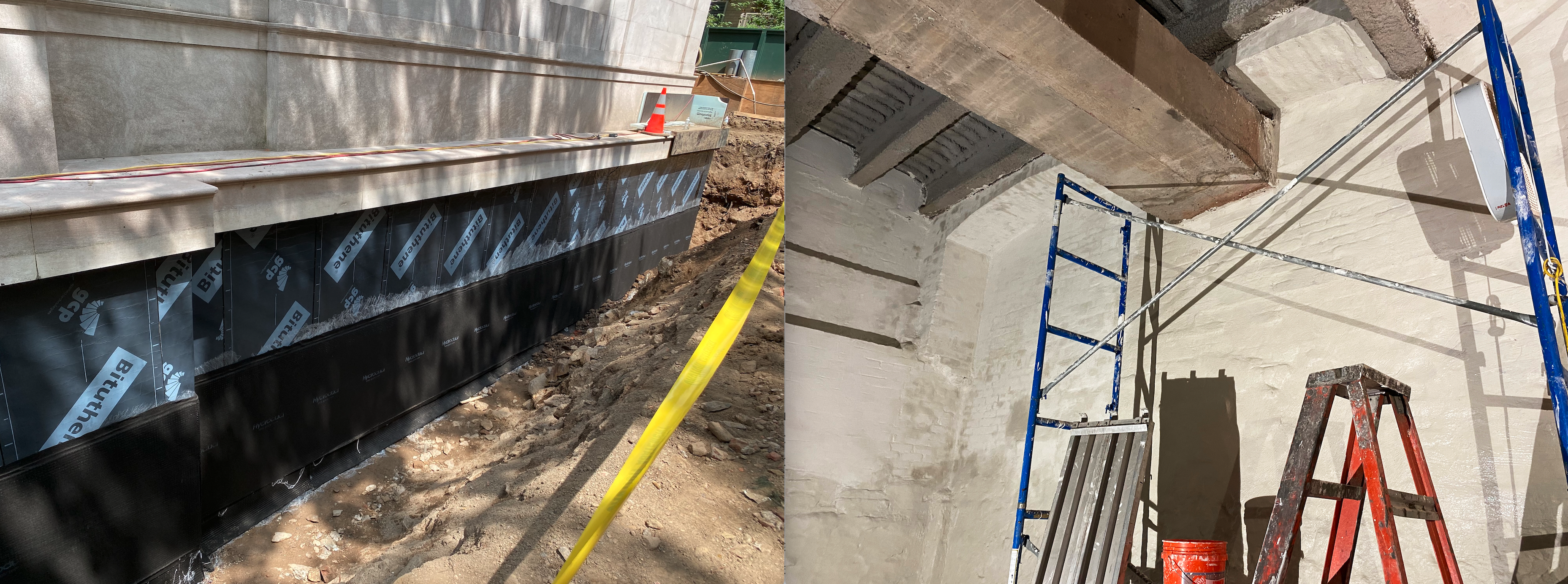 Positive-side foundation waterproofing (left) is exterior; negative-side (right) is at the interior. Photo courtesy Hoffmann Architects