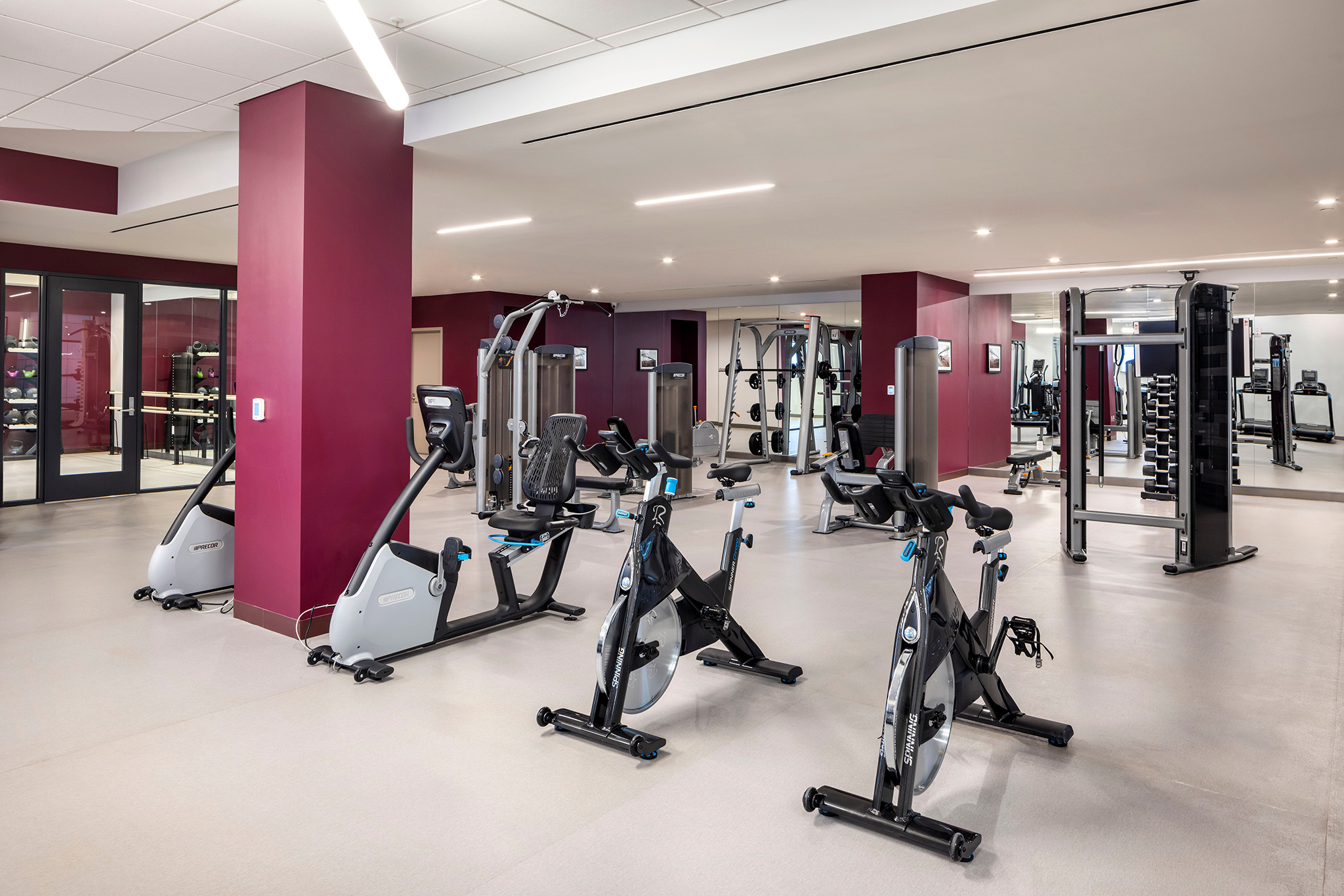 Gym room at 42 Broad, Phius-certified apartment complex