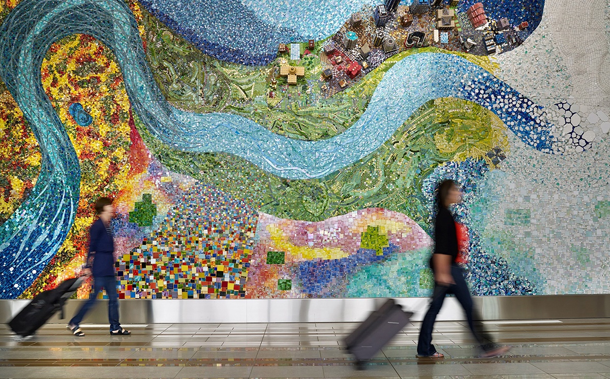 Edmonton International Airport Terminal mural that depicts natural elements.